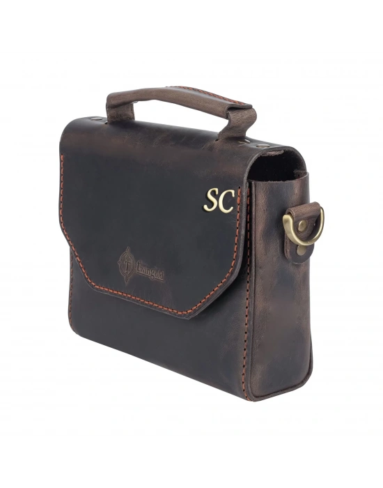 İsme Özel Çıtçıtlı Küçük Boy Zincirli El Omuz Çantası - %100 Crazy Deri - AC14003 - Kahverengi