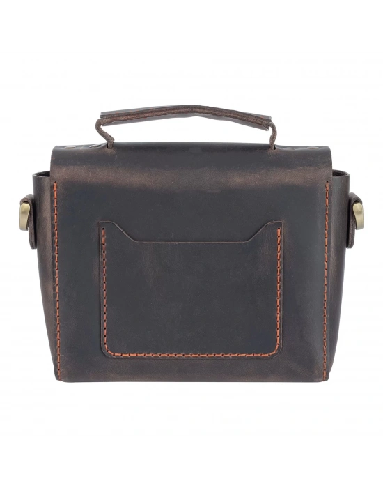 İsme Özel Çıtçıtlı Küçük Boy Zincirli El Omuz Çantası - %100 Crazy Deri - AC14003 - Kahverengi