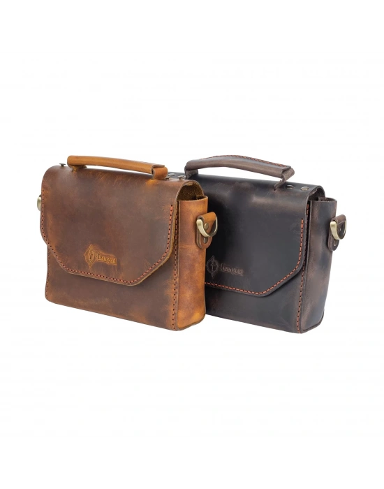 İsme Özel Çıtçıtlı Küçük Boy Zincirli El Omuz Çantası - %100 Crazy Deri - AC14003 - Kahverengi