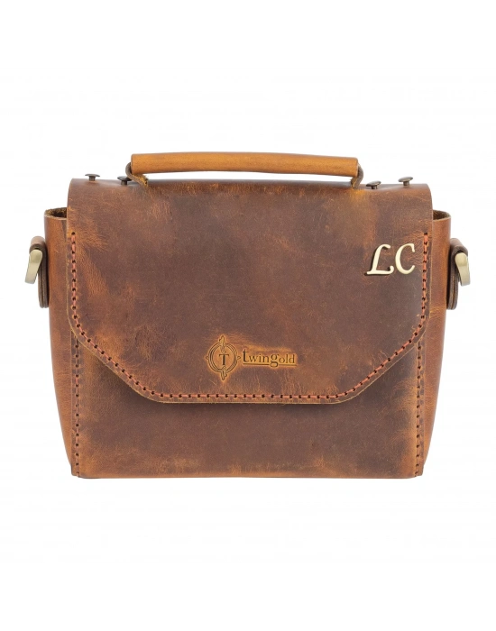 İsme Özel Çıtçıtlı Küçük Boy Zincirli El Omuz Çantası - %100 Crazy Deri - AC14003 - Taba