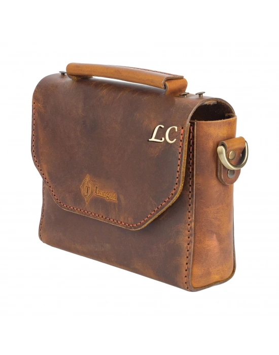 İsme Özel Çıtçıtlı Küçük Boy Zincirli El Omuz Çantası - %100 Crazy Deri - AC14003 - Taba