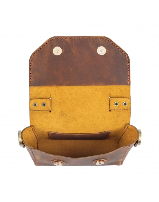 İsme Özel Çıtçıtlı Küçük Boy Zincirli El Omuz Çantası - %100 Crazy Deri - AC14003 - Taba