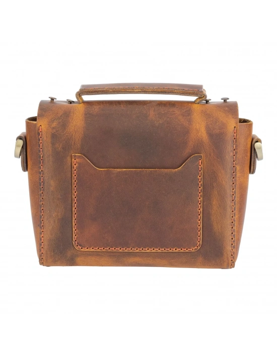 İsme Özel Çıtçıtlı Küçük Boy Zincirli El Omuz Çantası - %100 Crazy Deri - AC14003 - Taba