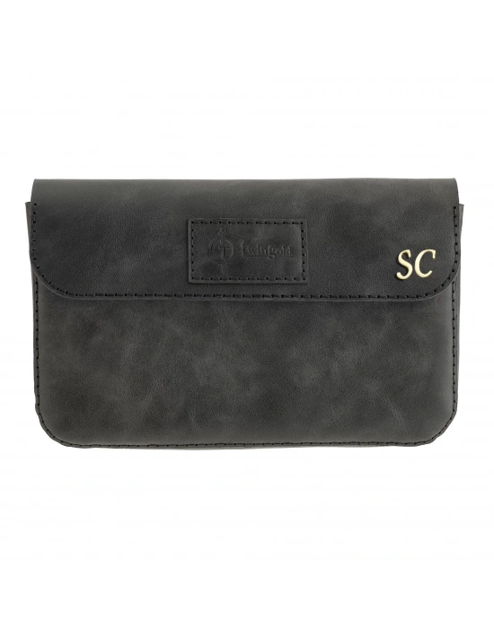 İsme Özel Çıtçıtlı Küçük El Çantası - %100 Rainbow Deri - AC14001 - Antrasit