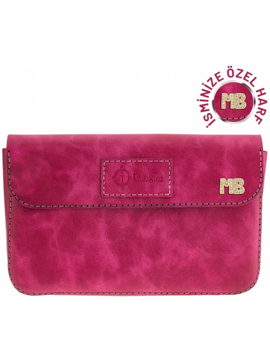 İsme Özel Çıtçıtlı Küçük El Çantası - %100 Rainbow Deri - AC14001 - Fuşya