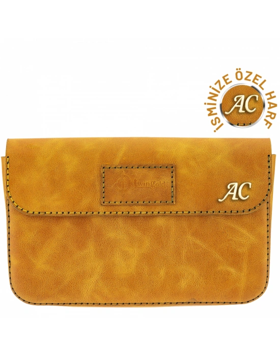 İsme Özel Çıtçıtlı Küçük El Çantası - %100 Rainbow Deri - AC14001 - Hardal Sarısı