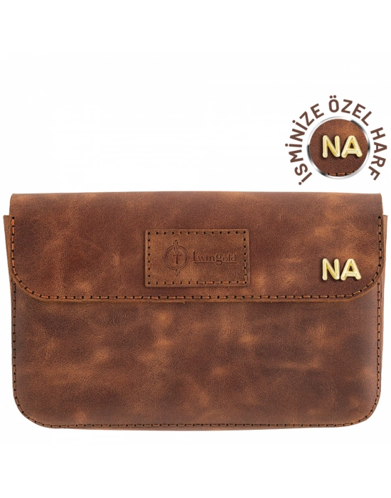 İsme Özel Çıtçıtlı Küçük El Çantası - %100 Rainbow Deri - AC14001 - Kahverengi