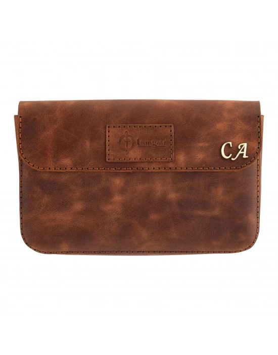 İsme Özel Çıtçıtlı Küçük El Çantası - %100 Rainbow Deri - AC14001 - Kahverengi