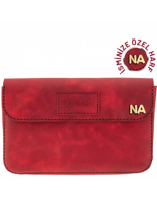 İsme Özel Çıtçıtlı Küçük El Çantası - %100 Rainbow Deri - AC14001 - Kırmızı