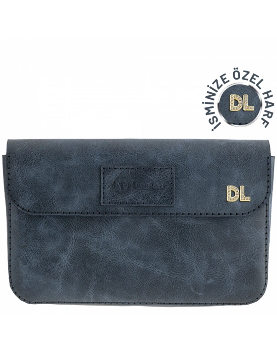 İsme Özel Çıtçıtlı Küçük El Çantası - %100 Rainbow Deri - AC14001 - Lacivert