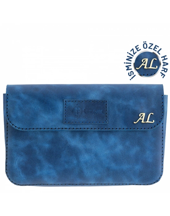 İsme Özel Çıtçıtlı Küçük El Çantası - %100 Rainbow Deri - AC14001 - Saks Mavisi