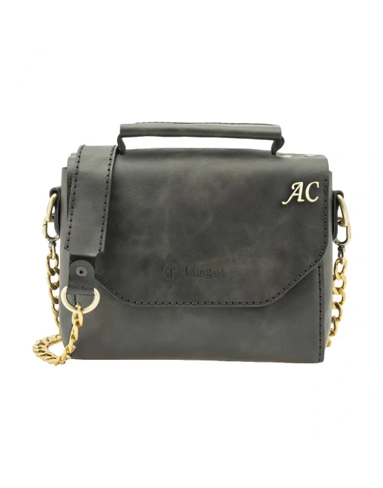 İsme Özel Çıtçıtlı Zincirli Küçük Boy El Omuz Çantası - %100 Deri - AC03001 - Antrasit