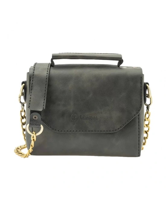 İsme Özel Çıtçıtlı Zincirli Küçük Boy El Omuz Çantası - %100 Deri - AC03001 - Antrasit