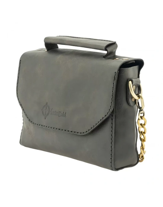 İsme Özel Çıtçıtlı Zincirli Küçük Boy El Omuz Çantası - %100 Deri - AC03001 - Antrasit