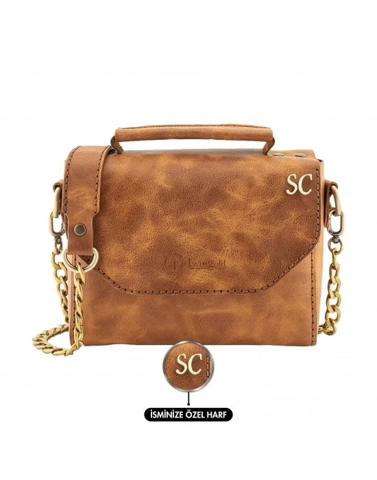 İsme Özel Çıtçıtlı Zincirli Küçük Boy El Omuz Çantası - %100 Deri - AC03001 - Camel