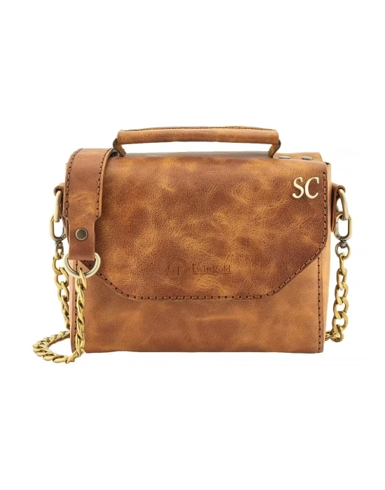 İsme Özel Çıtçıtlı Zincirli Küçük Boy El Omuz Çantası - %100 Deri - AC03001 - Camel