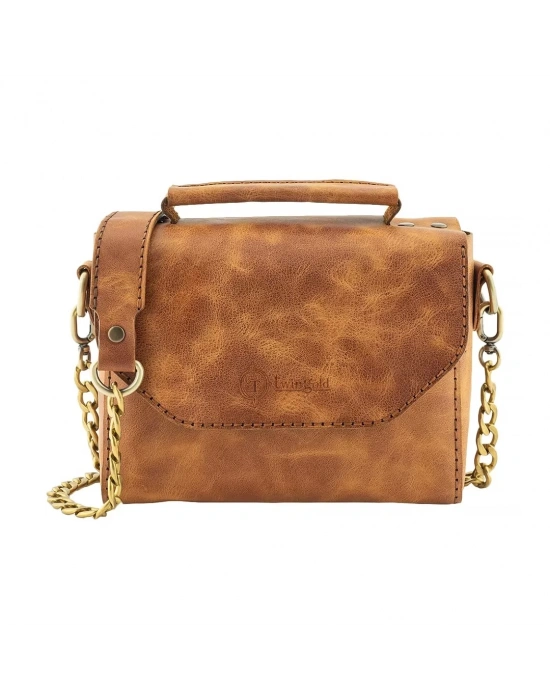 İsme Özel Çıtçıtlı Zincirli Küçük Boy El Omuz Çantası - %100 Deri - AC03001 - Camel