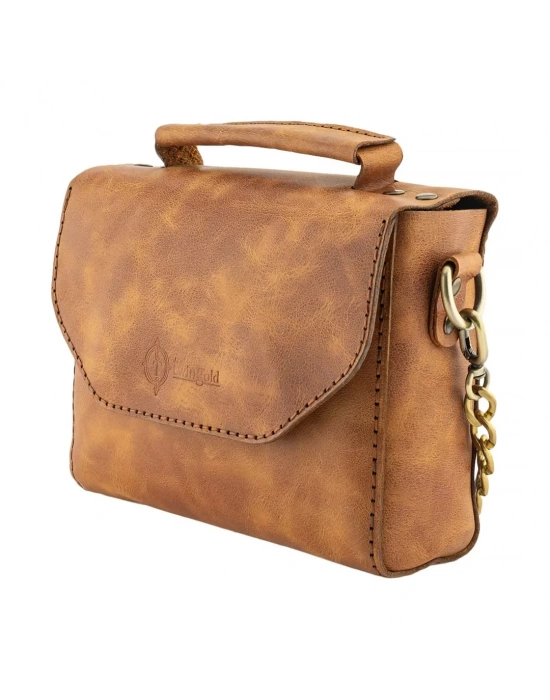 İsme Özel Çıtçıtlı Zincirli Küçük Boy El Omuz Çantası - %100 Deri - AC03001 - Camel