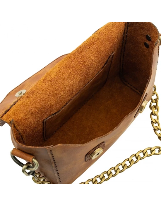 İsme Özel Çıtçıtlı Zincirli Küçük Boy El Omuz Çantası - %100 Deri - AC03001 - Camel
