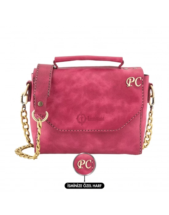 İsme Özel Çıtçıtlı Zincirli Küçük Boy El Omuz Çantası - %100 Deri - AC03001 - Fuşya