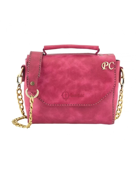 İsme Özel Çıtçıtlı Zincirli Küçük Boy El Omuz Çantası - %100 Deri - AC03001 - Fuşya
