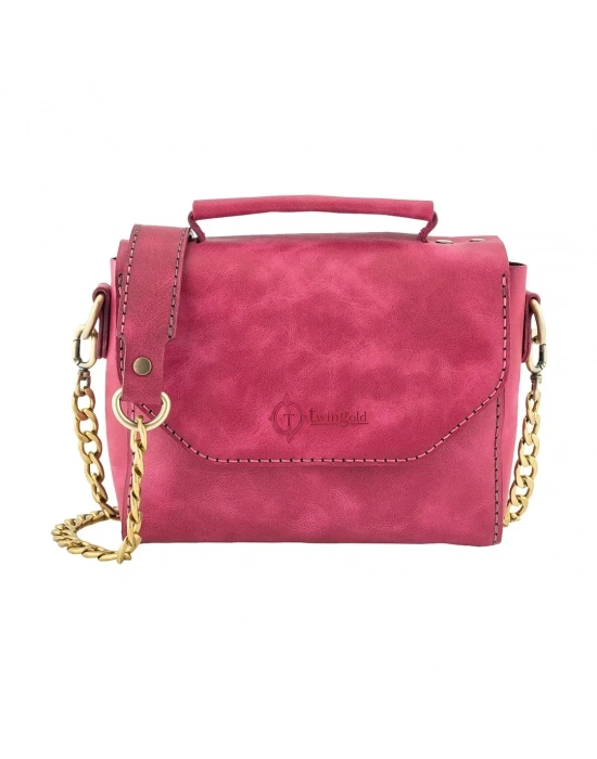 İsme Özel Çıtçıtlı Zincirli Küçük Boy El Omuz Çantası - %100 Deri - AC03001 - Fuşya