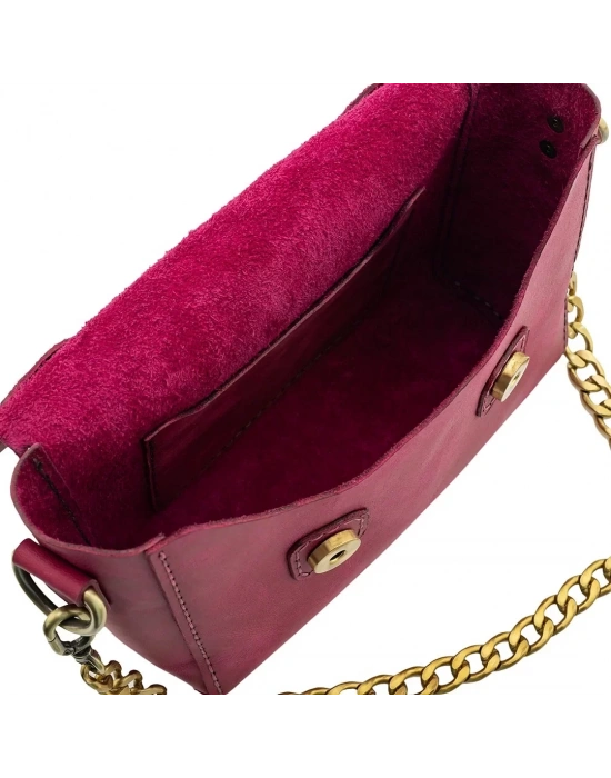 İsme Özel Çıtçıtlı Zincirli Küçük Boy El Omuz Çantası - %100 Deri - AC03001 - Fuşya