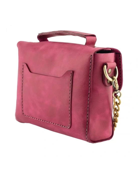 İsme Özel Çıtçıtlı Zincirli Küçük Boy El Omuz Çantası - %100 Deri - AC03001 - Fuşya