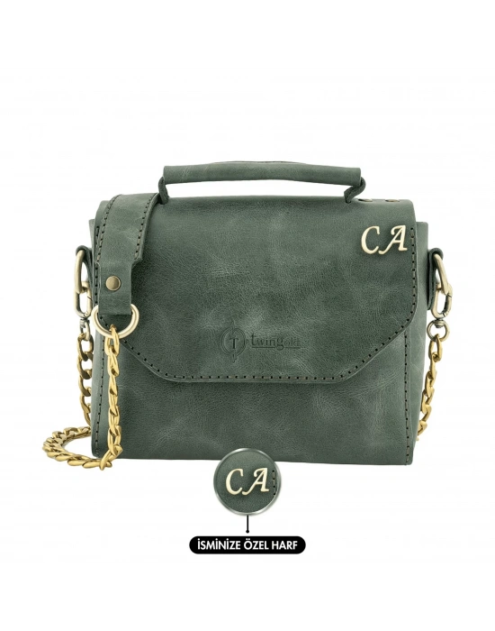 İsme Özel Çıtçıtlı Zincirli Küçük Boy El Omuz Çantası - %100 Deri - AC03001 - Haki