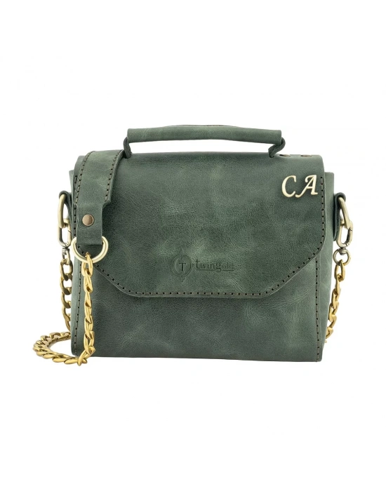 İsme Özel Çıtçıtlı Zincirli Küçük Boy El Omuz Çantası - %100 Deri - AC03001 - Haki