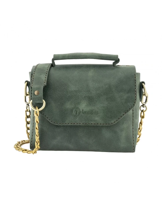 İsme Özel Çıtçıtlı Zincirli Küçük Boy El Omuz Çantası - %100 Deri - AC03001 - Haki