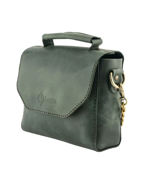 İsme Özel Çıtçıtlı Zincirli Küçük Boy El Omuz Çantası - %100 Deri - AC03001 - Haki