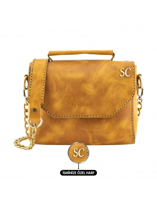 İsme Özel Çıtçıtlı Zincirli Küçük Boy El Omuz Çantası - %100 Deri - AC03001 - Hardal Sarısı