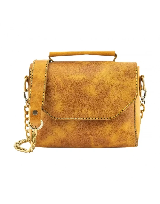 İsme Özel Çıtçıtlı Zincirli Küçük Boy El Omuz Çantası - %100 Deri - AC03001 - Hardal Sarısı
