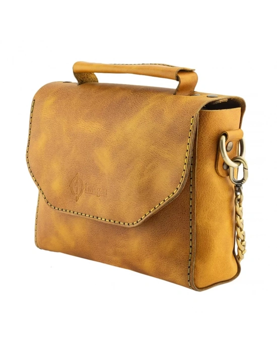 İsme Özel Çıtçıtlı Zincirli Küçük Boy El Omuz Çantası - %100 Deri - AC03001 - Hardal Sarısı