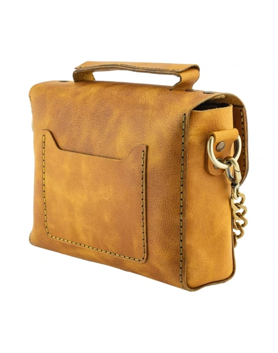 İsme Özel Çıtçıtlı Zincirli Küçük Boy El Omuz Çantası - %100 Deri - AC03001 - Hardal Sarısı
