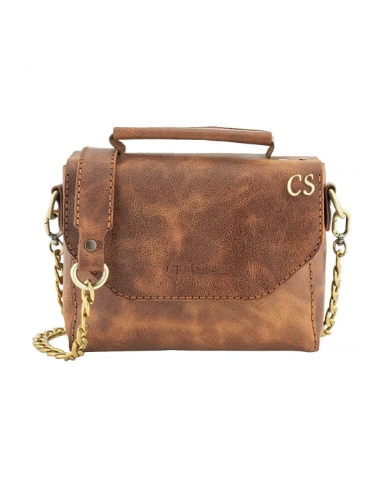 İsme Özel Çıtçıtlı Zincirli Küçük Boy El Omuz Çantası - %100 Deri - AC03001 - Kahverengi