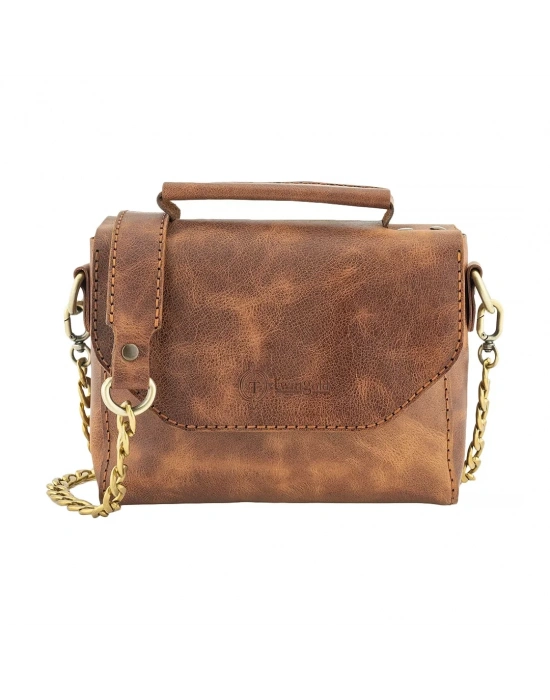 İsme Özel Çıtçıtlı Zincirli Küçük Boy El Omuz Çantası - %100 Deri - AC03001 - Kahverengi