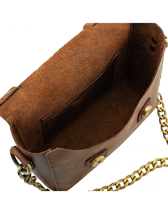 İsme Özel Çıtçıtlı Zincirli Küçük Boy El Omuz Çantası - %100 Deri - AC03001 - Kahverengi