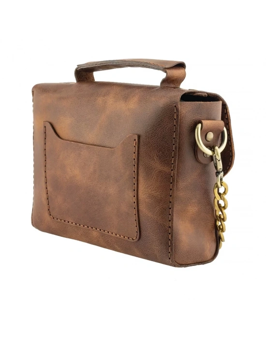 İsme Özel Çıtçıtlı Zincirli Küçük Boy El Omuz Çantası - %100 Deri - AC03001 - Kahverengi