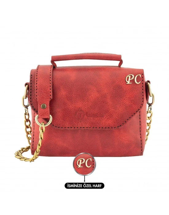 İsme Özel Çıtçıtlı Zincirli Küçük Boy El Omuz Çantası - %100 Deri - AC03001 - Kırmızı