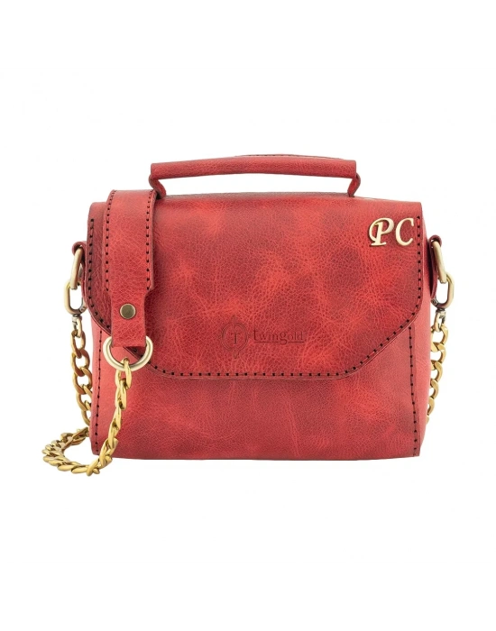 İsme Özel Çıtçıtlı Zincirli Küçük Boy El Omuz Çantası - %100 Deri - AC03001 - Kırmızı
