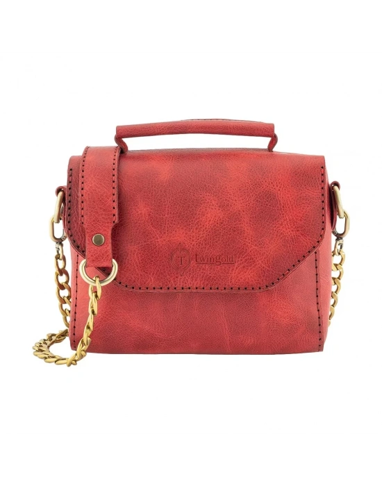 İsme Özel Çıtçıtlı Zincirli Küçük Boy El Omuz Çantası - %100 Deri - AC03001 - Kırmızı