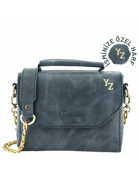 İsme Özel Çıtçıtlı Zincirli Küçük Boy El Omuz Çantası - %100 Deri - AC03001 - Lacivert