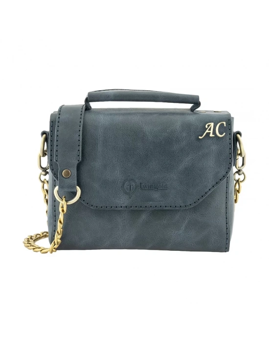 İsme Özel Çıtçıtlı Zincirli Küçük Boy El Omuz Çantası - %100 Deri - AC03001 - Lacivert