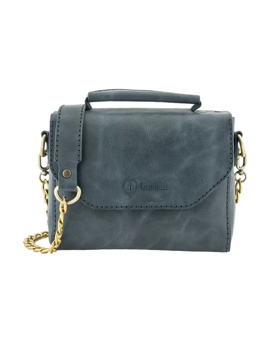 İsme Özel Çıtçıtlı Zincirli Küçük Boy El Omuz Çantası - %100 Deri - AC03001 - Lacivert