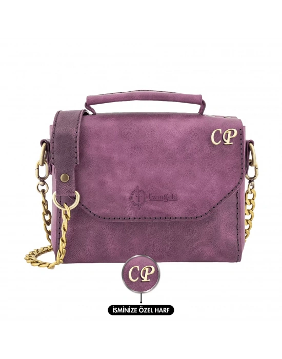 İsme Özel Çıtçıtlı Zincirli Küçük Boy El Omuz Çantası - %100 Deri - AC03001 - Mor