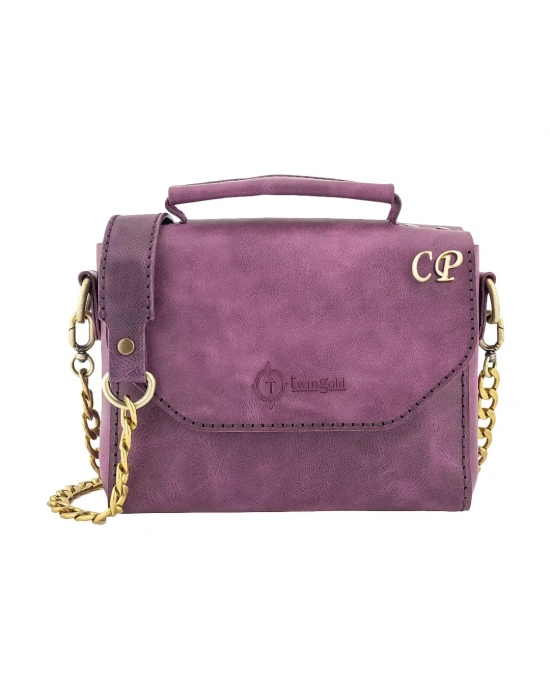İsme Özel Çıtçıtlı Zincirli Küçük Boy El Omuz Çantası - %100 Deri - AC03001 - Mor