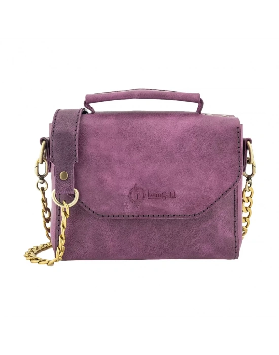 İsme Özel Çıtçıtlı Zincirli Küçük Boy El Omuz Çantası - %100 Deri - AC03001 - Mor