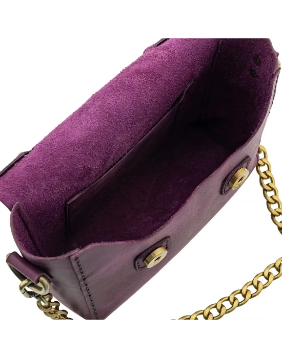 İsme Özel Çıtçıtlı Zincirli Küçük Boy El Omuz Çantası - %100 Deri - AC03001 - Mor